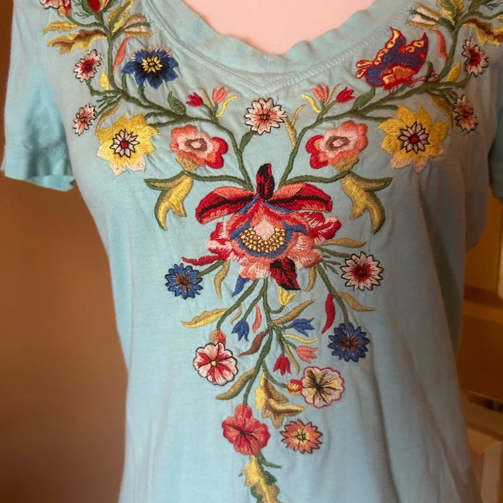 Johnny Was Embroidered Scoop Neck Short Sleeve Top - Aqua - Picture 2 of 8